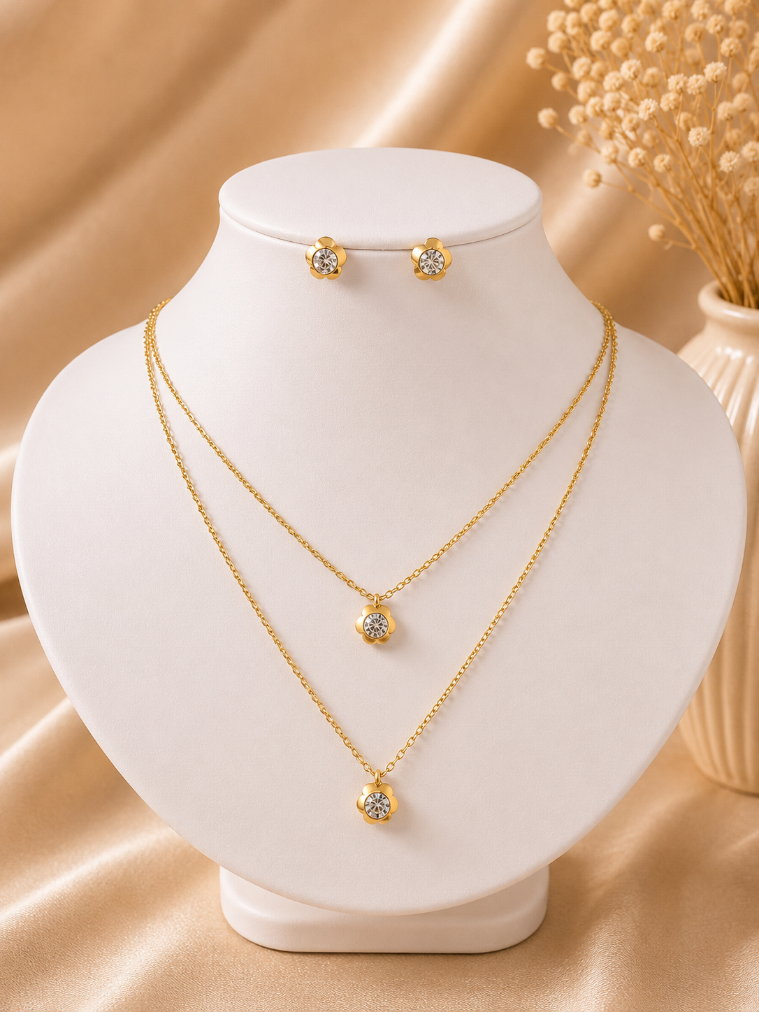 Stainless steel Double chain necklace with stud earrings