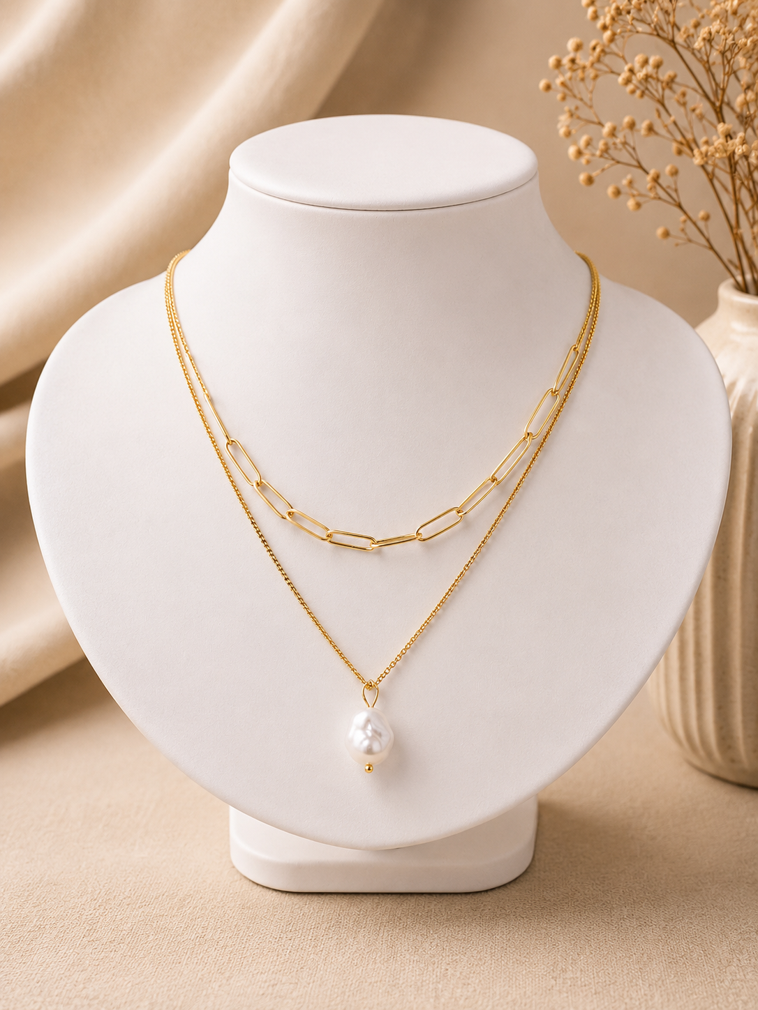 Stainless steel double chain necklace with bead pendant