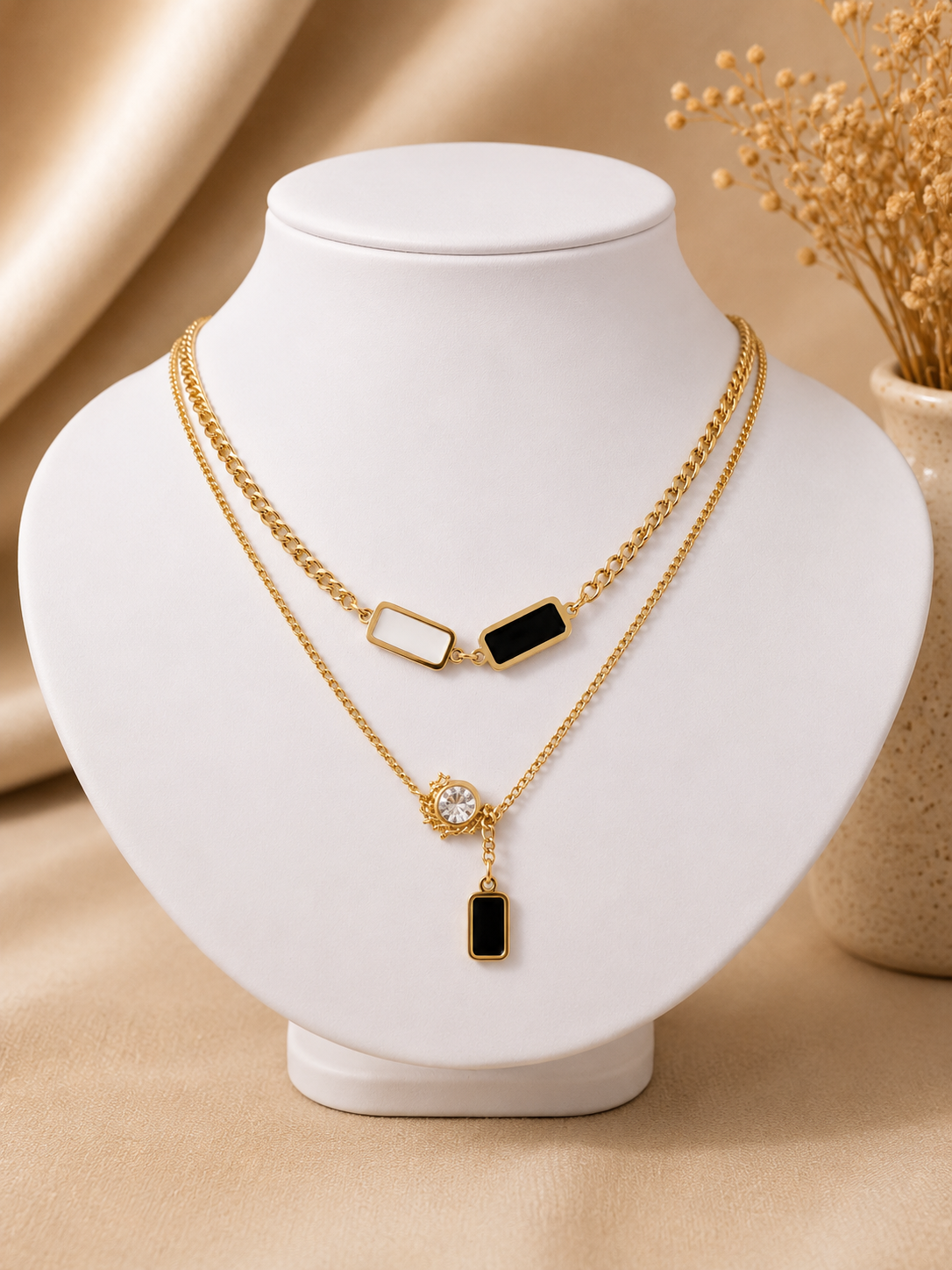 Stainless steel double chain necklace with double pendant 