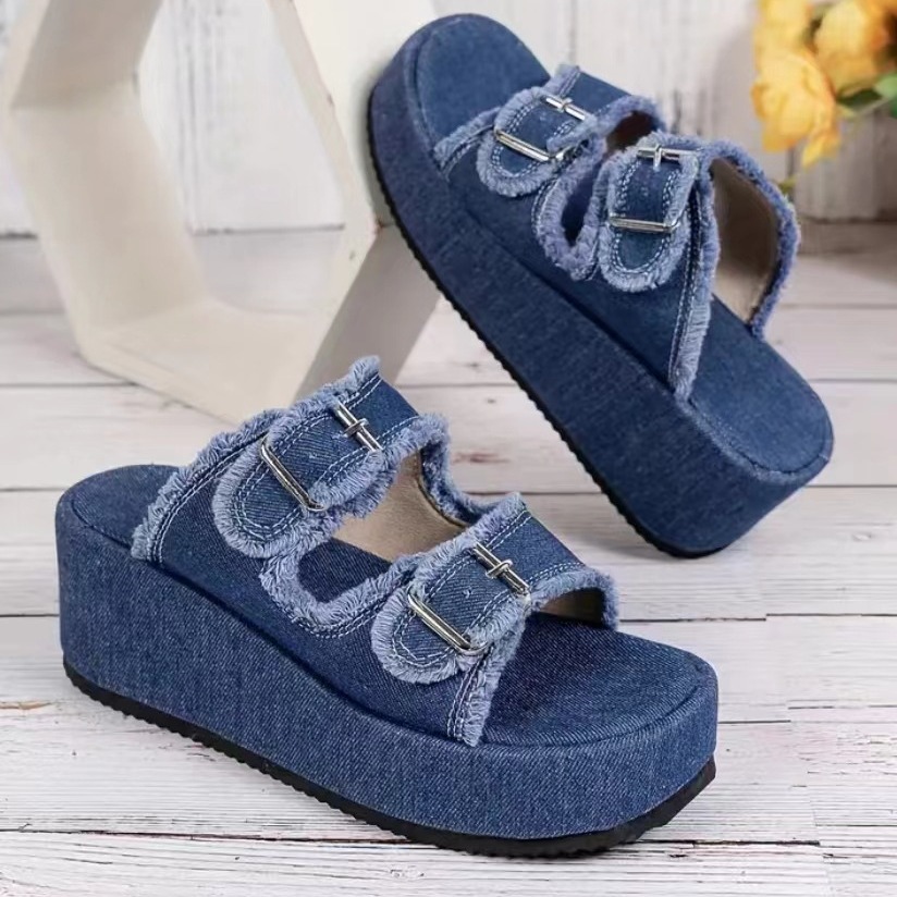 Wedge heel denim slip on sandals