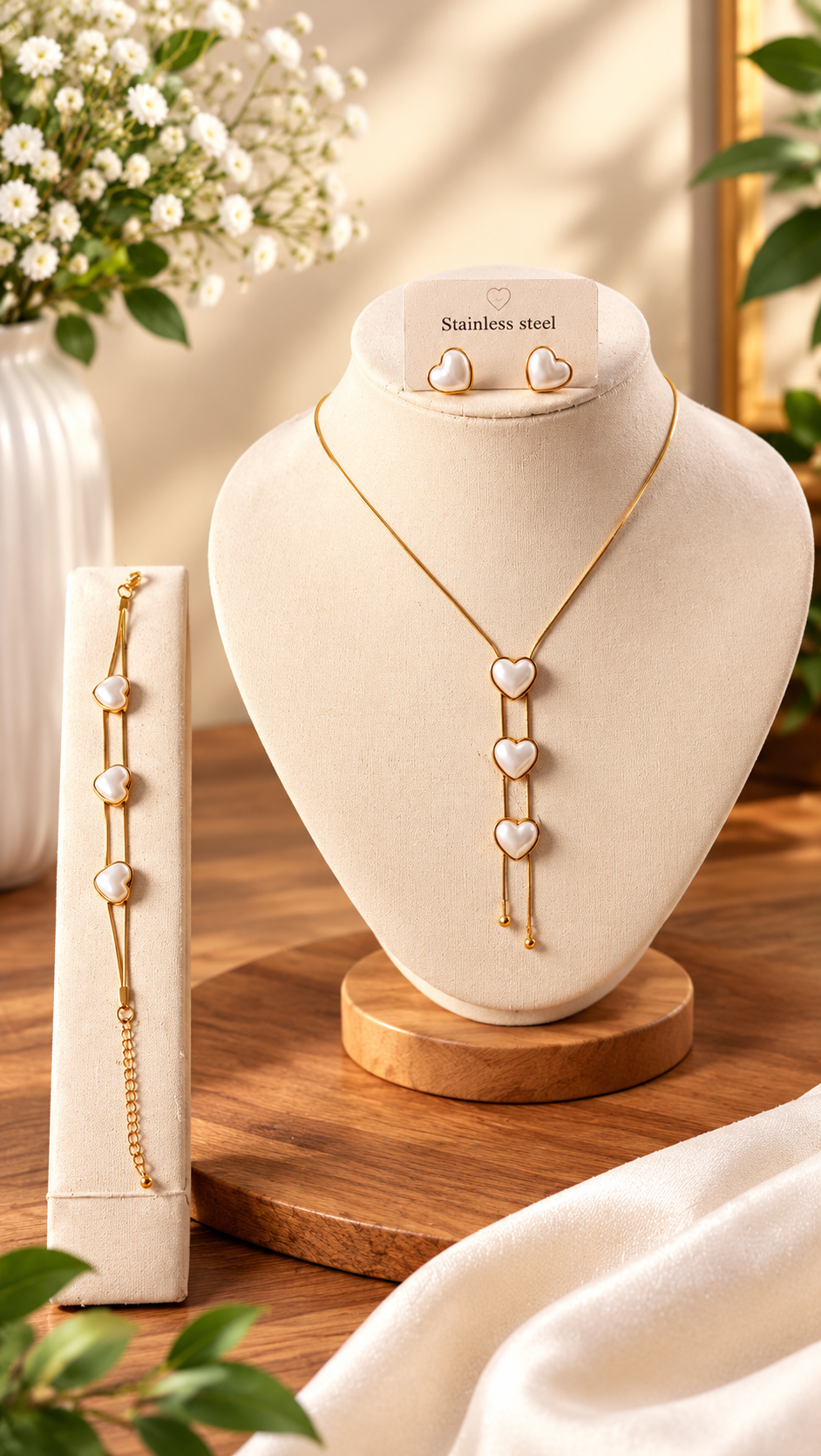 Chain bracelet earrings pearl set